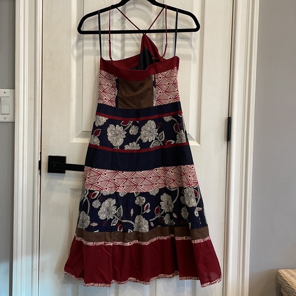 BCBG Floral Halter Dress. Mid-length. A-line. Navy, Wine, Brown. Size 2. - Picture 3 of 4